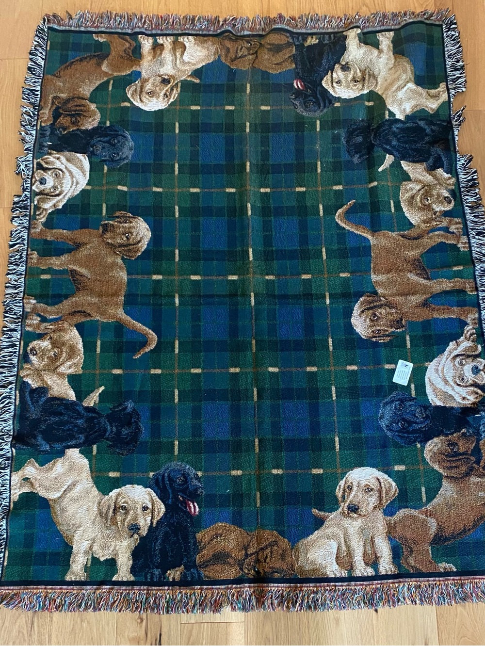 VTG Tapestry Blanket Manual Woodworkers & Weavers 100% Cotton Puppies Plaid USA